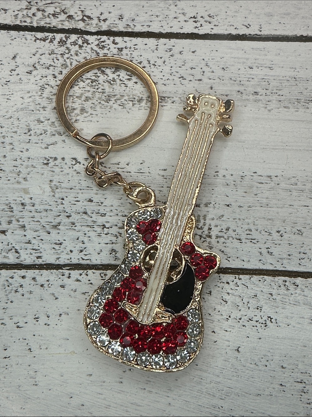 Gold Guitar Keychain with Red and Clear Crystals